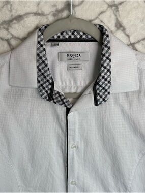 MONZA Button-Down Shirt Men’s S 14 1/2 Neck White w Black Contrast Trim Italy